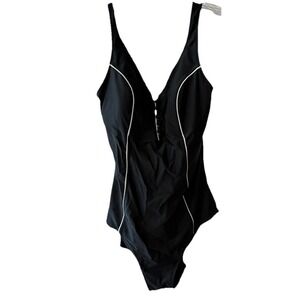 La Isla Womens Black One Piece Swimsuit White Trim Button Front Sz 12 - 14 Retro